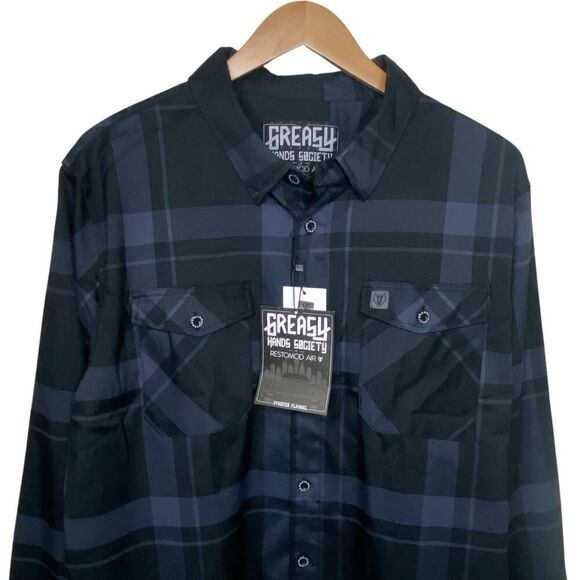 Greasy Hands Society Mens Navy Blue & Black Button Up Flannel Shirt 2XLT Tall - Picture 2 of 9